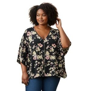 330. Torrid Womens Blouse Black Floral Kimono Sleeve Scoop Neck Zip Up Size 1